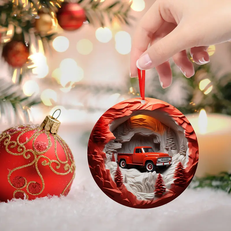 1pc 3D Red Christmas Trucks Wooden Pendants, Trucks Christmas Tree Hangings  Sign,Xmas Theme Gift For Home Decor,Wall Hanging Ornament Decor, Party And