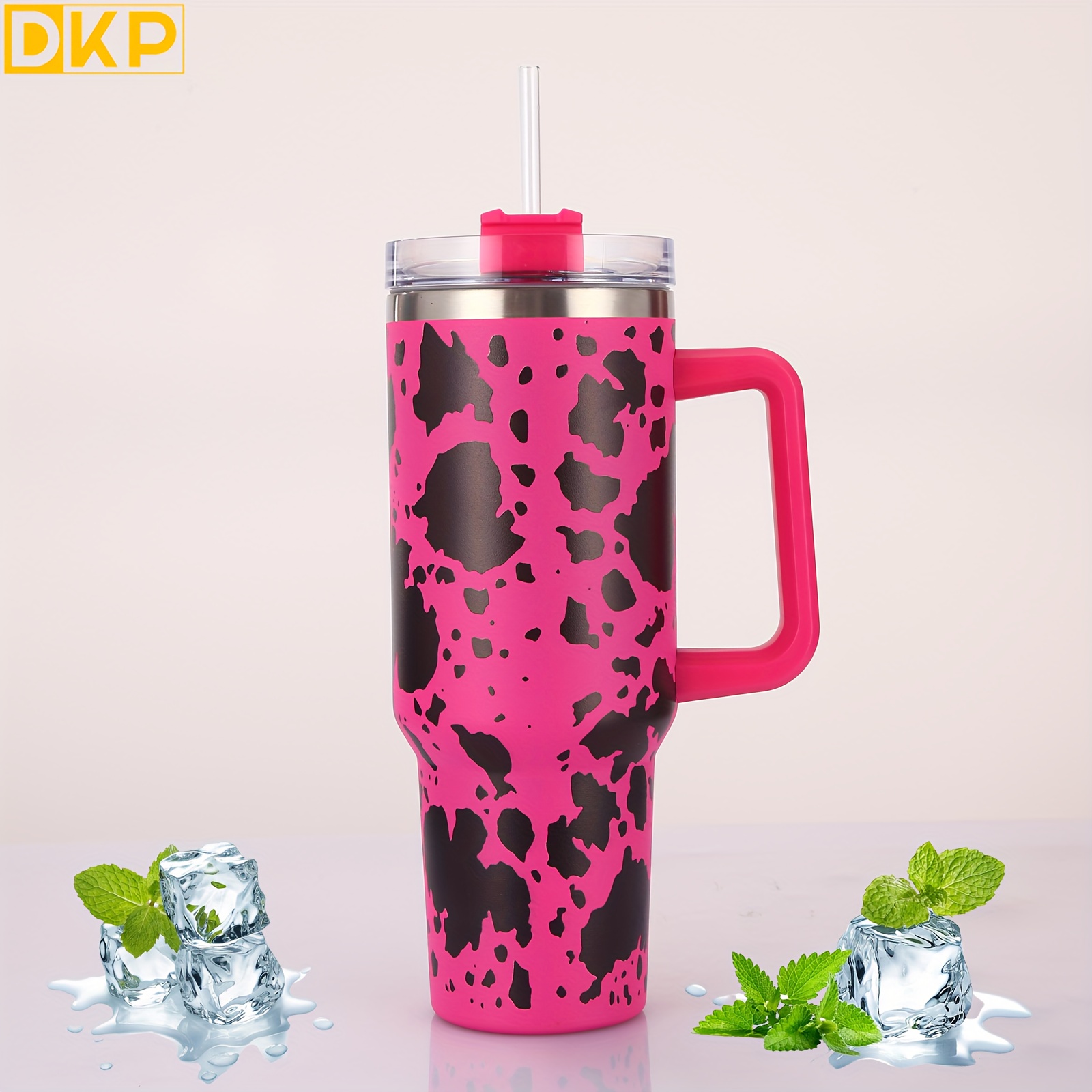Black/White Cow Print Insulated Tumbler Cup with Handle