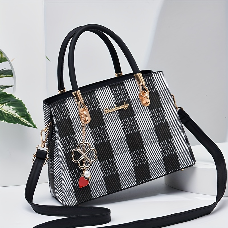 Plaid Pattern Handbags For Women, Four Leaf-clover Decor Crossbody