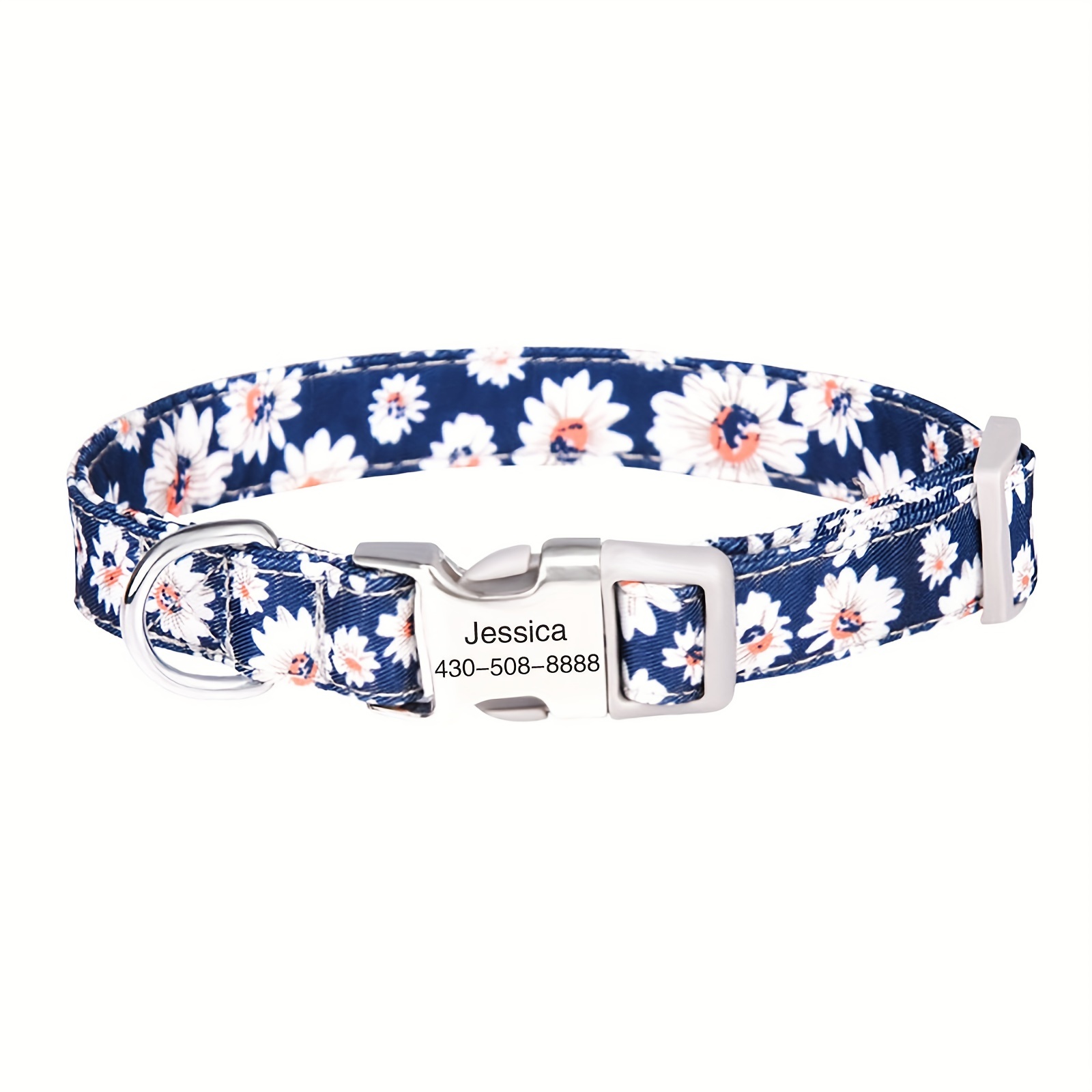 

Personalized Dark Blue Pattern Printed Nylon Dog Collar With Anti-lost Lettering