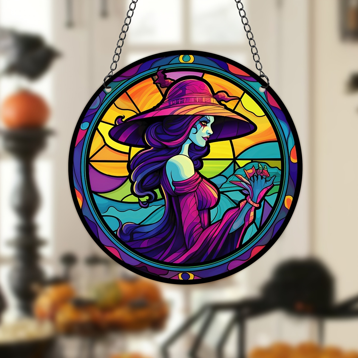 Girl Wearing A Hat Halloween Suncatcher Wreath Sign,stained Glass