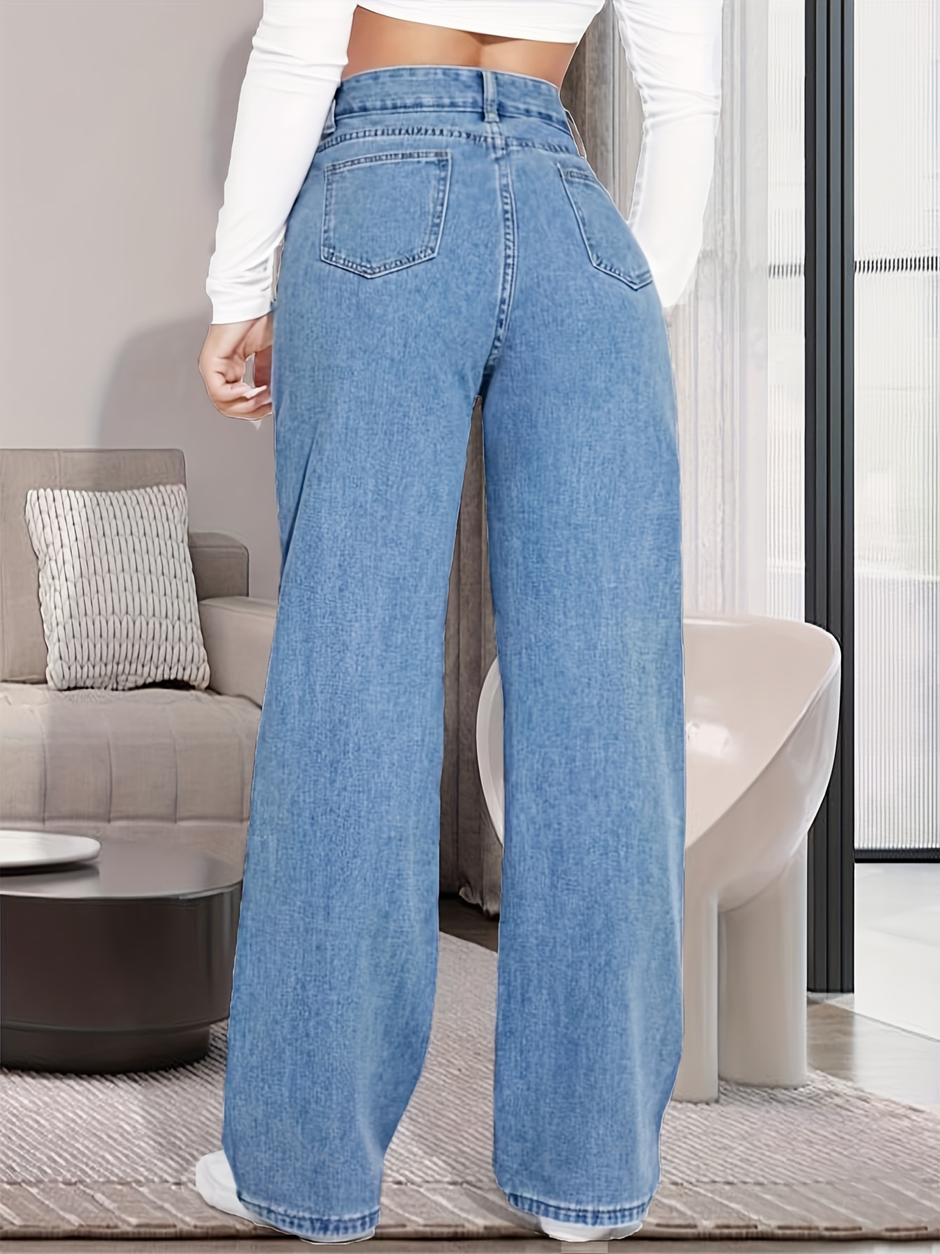 Pantalones de mezclilla rasgados desgastados por la moda, pantalones  vaqueros largos con botones y bolsillos oblicuos de color sólido,  pantalones y ro