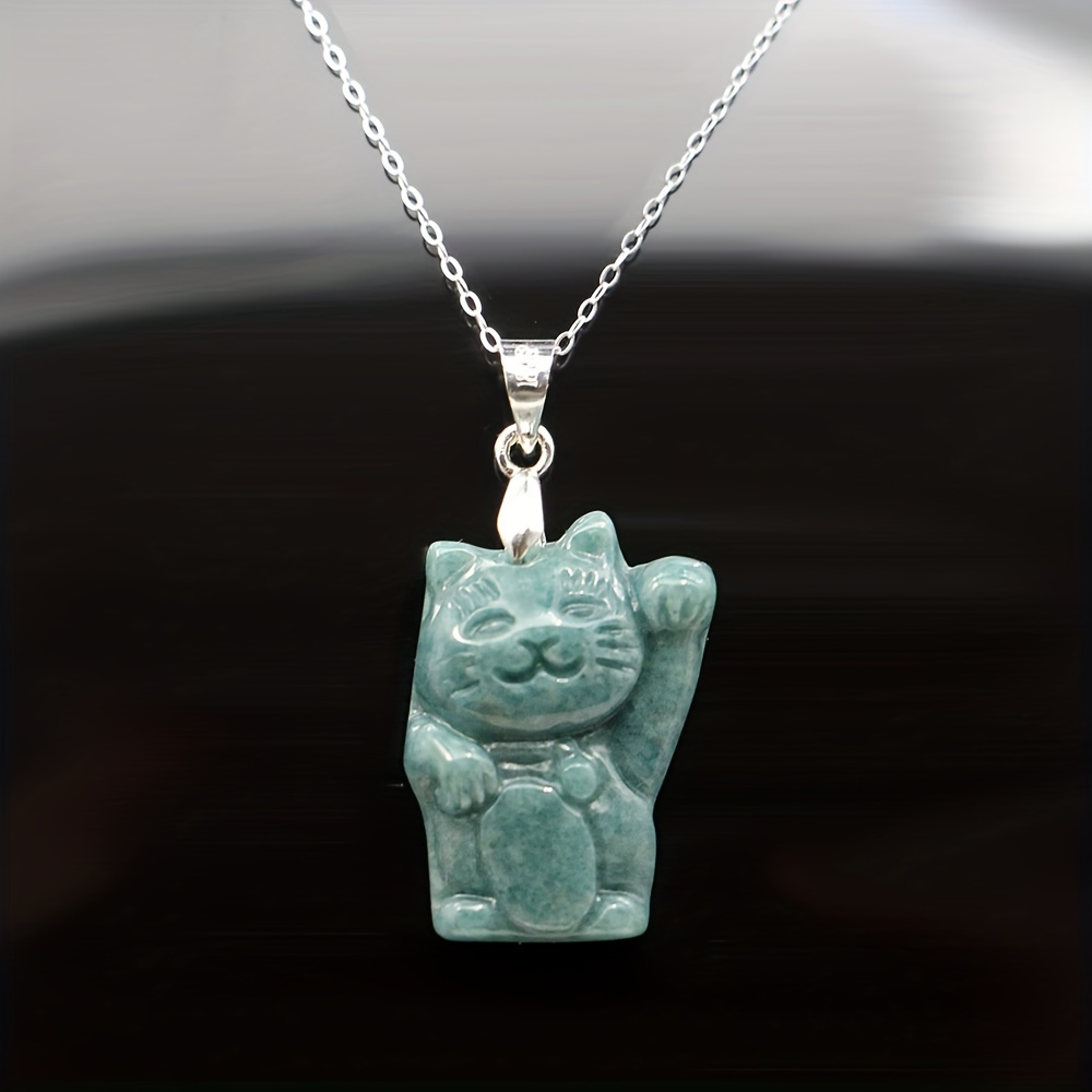 Jade Lucky Cat Charms, Japanese Waving Cat Cute Pendant Necklace