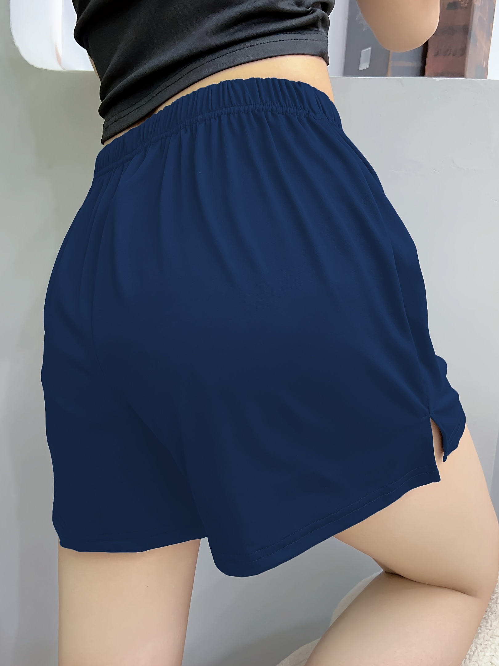 Plus Size Simple Pajama Bottoms, Women's Plus Solid Elastic Waist Split Hem Loose Loungewear Shorts