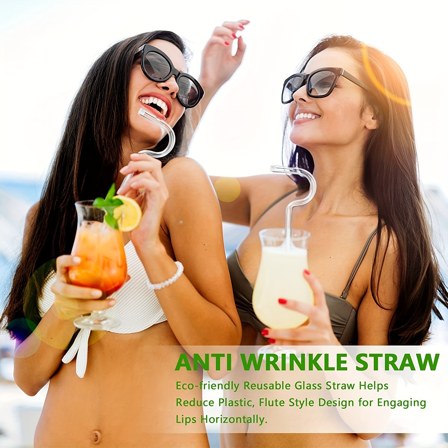 2pcs Anti Wrinkle Straw Coffee For Cocktail Reusable Curved Flute Style  Juice Glass With Cleaning Brush Drinking Lip Care