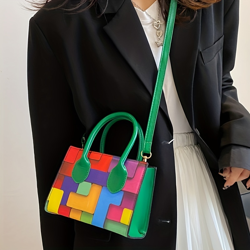 Geometric Pattern Square Bag Colorblock Double Handle