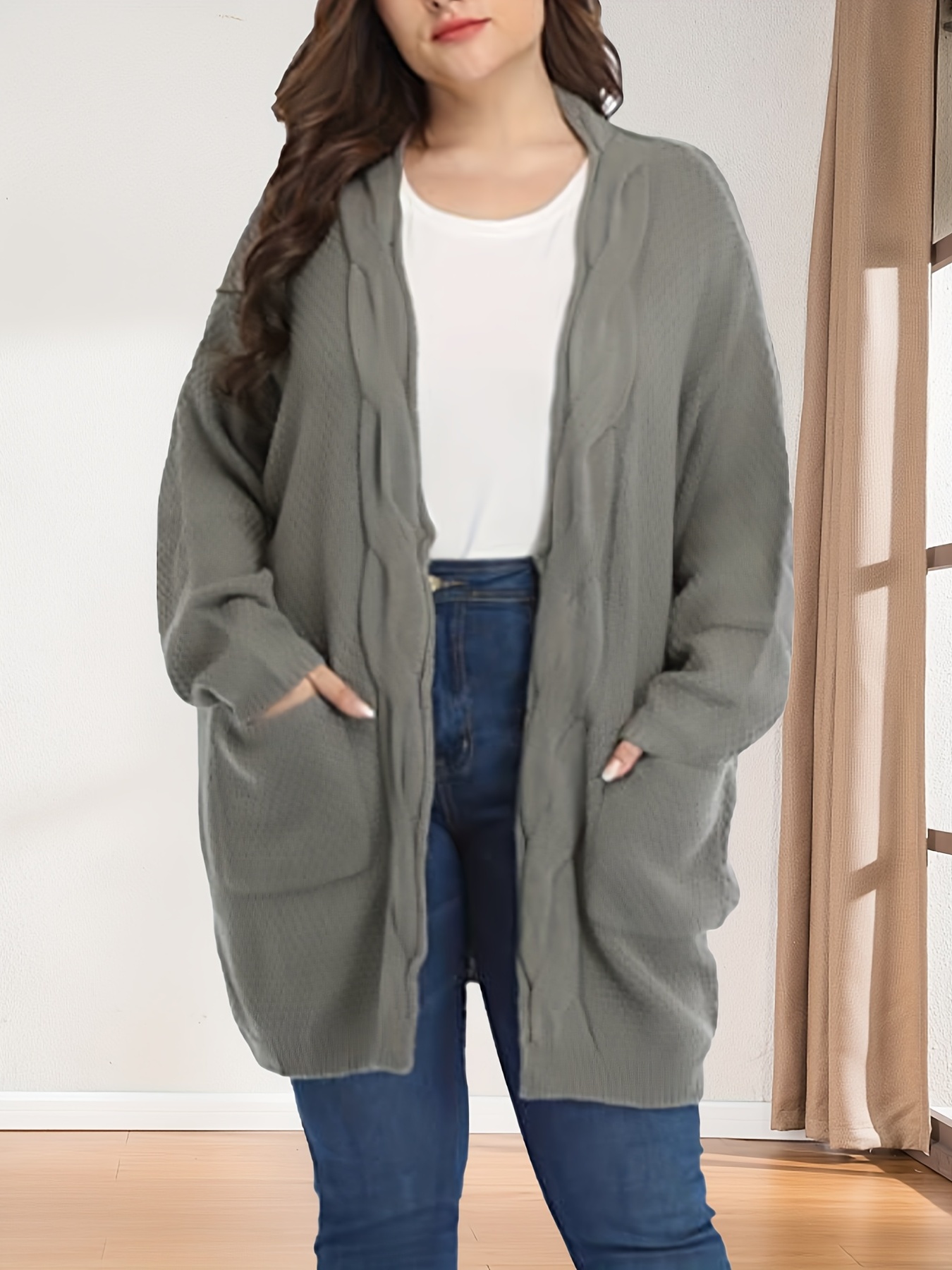 Plus Size Cable Knit Two Pocket Long Duster Cozy Chic Cardigan