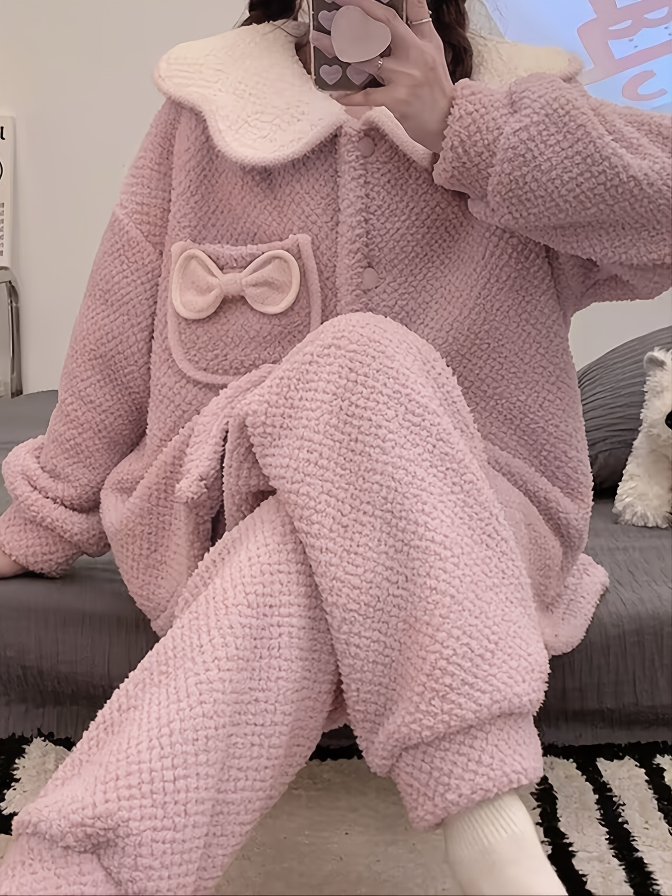 Thick Fuzzy Coral Fleece Pajamas Set Long Sleeve Doll Collar - Temu