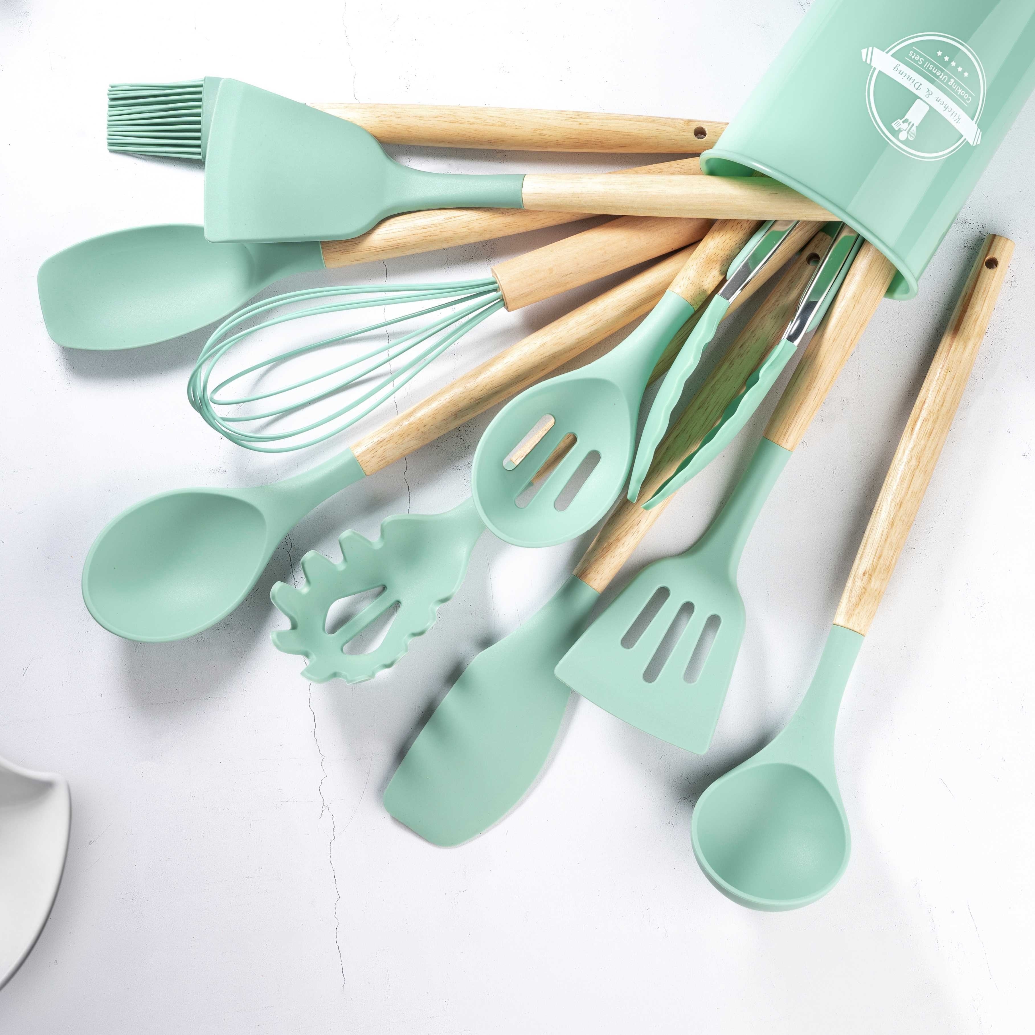 Kitchen Utensils Set, 12 Pcs Non-Stick Silicone Cooking Utensils Set with  Holder, Sturdy Wooden Handle, Heat Resistance Silicone Spatula…