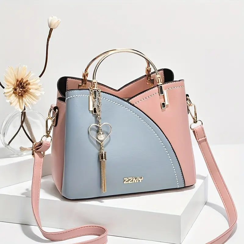 color contrast handbags fashion top ring satchel purse tassel decor crossbody bag for women details 1