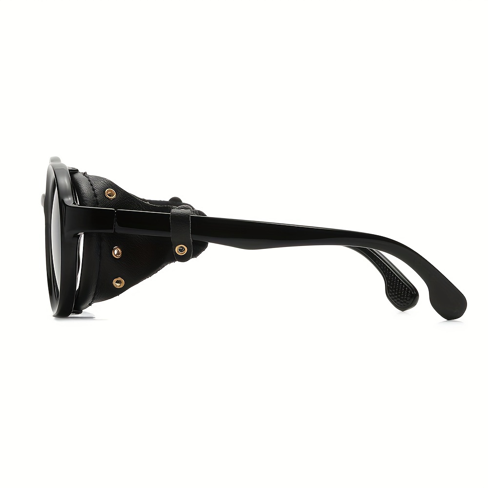 Vintage Steam Punk Style Round Polarized Sunglasses with Leather Side Shield
