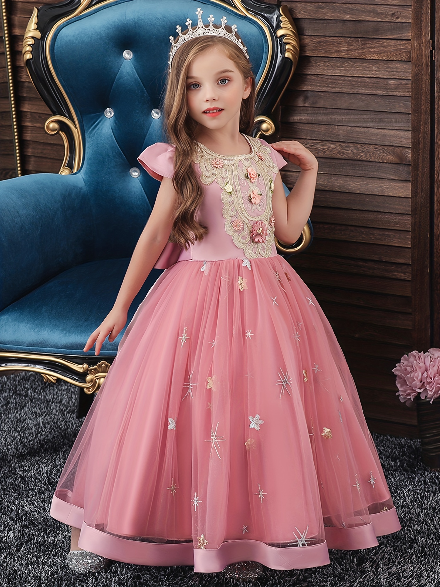 Zumeet Kids Girls Easy Round Neck Beautiful Lace Pattern Sleeveless Fluffy  Mesh Fancy Dress
