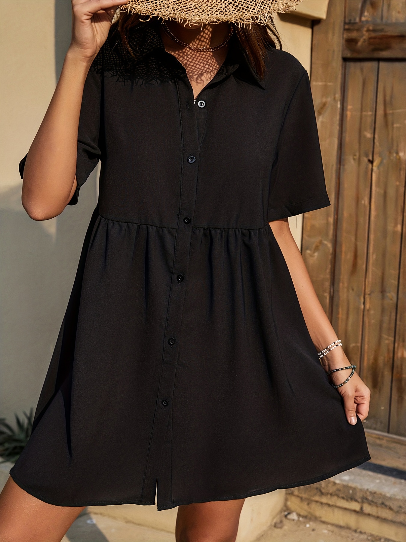 Ruched Button Front Dress Casual Turn Collar Half Sleeve - Temu