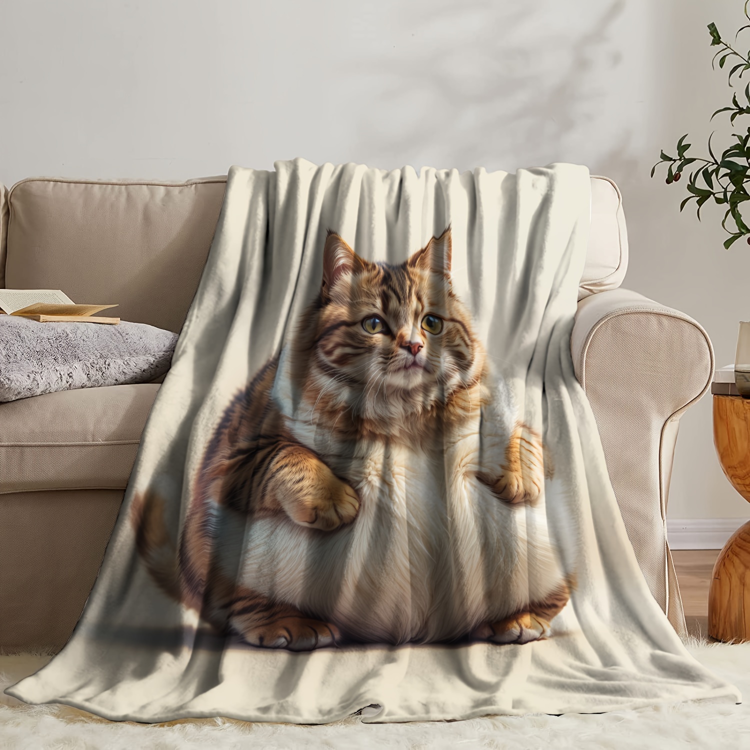 1pc Coperta In Flanella Con Gatto Carino, Coperta Stampata Con Gatto Grasso  Ultra-chiaro, Leggera E