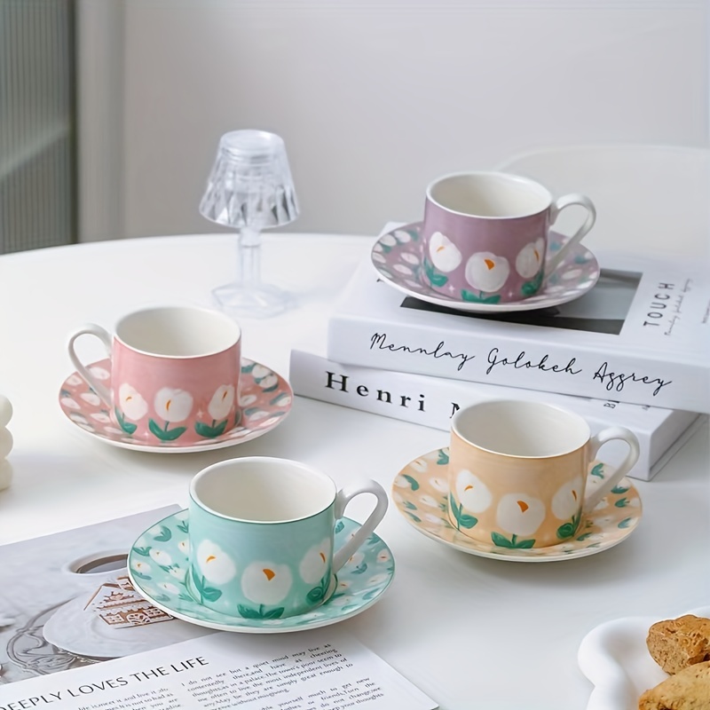 Flower Coffee Cup & Saucer Set Cute Mug & Saucer Set Ceramic Coffee Cup  with Sunflower Saucer Latte Cups 6.7Oz 