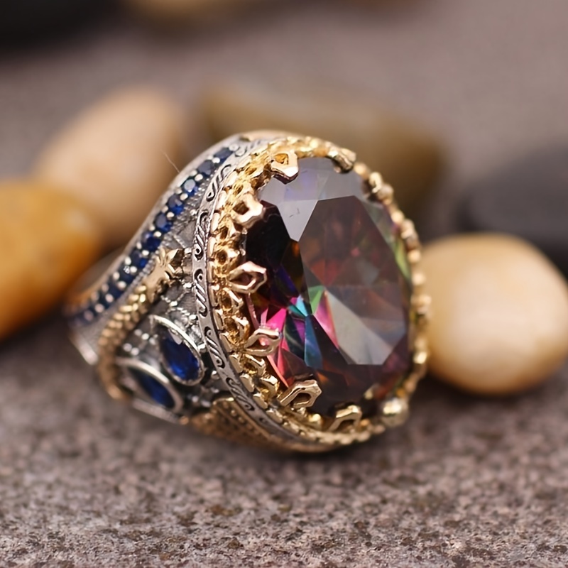 Retro Irregular Geometric Colored Zircon Ring for Men