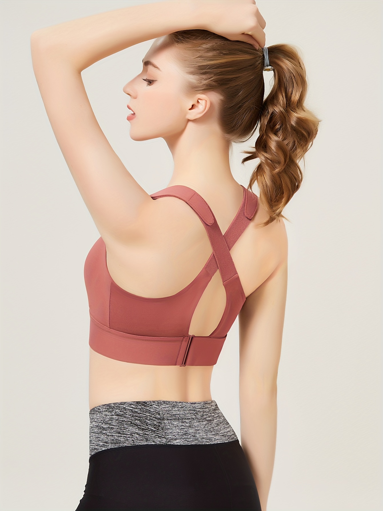 solid color shockproof sports bra zipper front round neck with fixed chest pads workout top womens activewear brick red 1