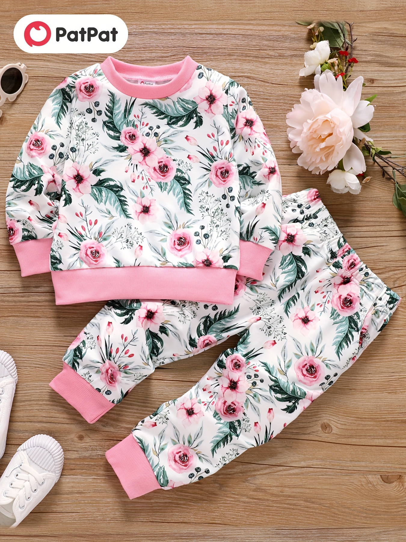 2-piece Toddler Girl Floral Print Crop Hoodie Sweatshirt and Elasticized Pants Set
