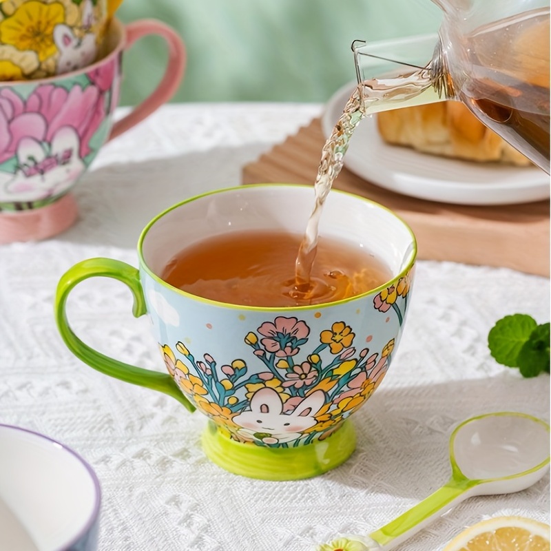 Pink Bunny Coffee Mug 13 Oz, Cute Rabbit Coffee Mug Cup with Lid and  Ceramic Spoon for Coffee Tea Milk 