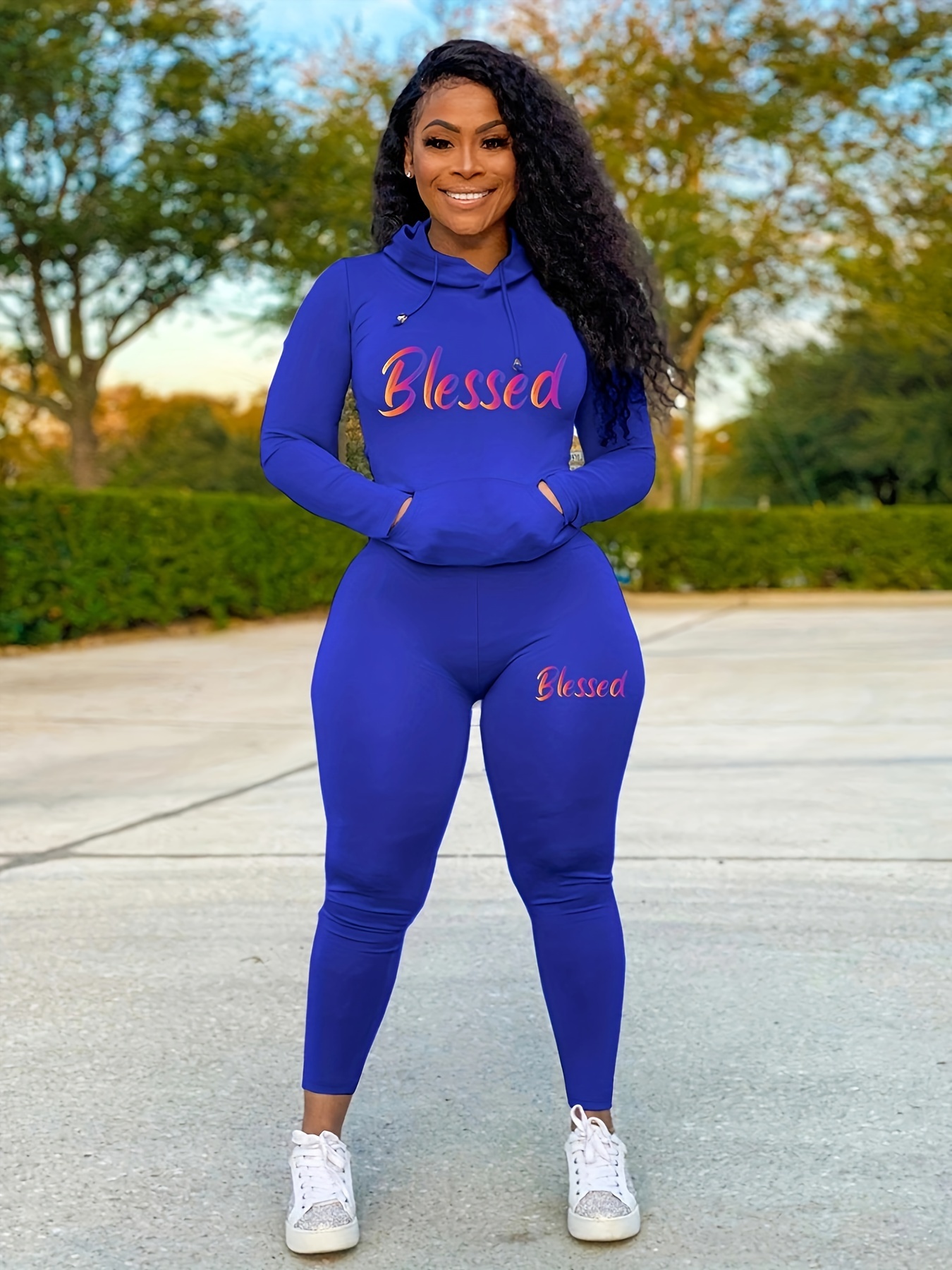 Blessed Print Two piece Set Long Sleeve Drawstring Hoodies Temu