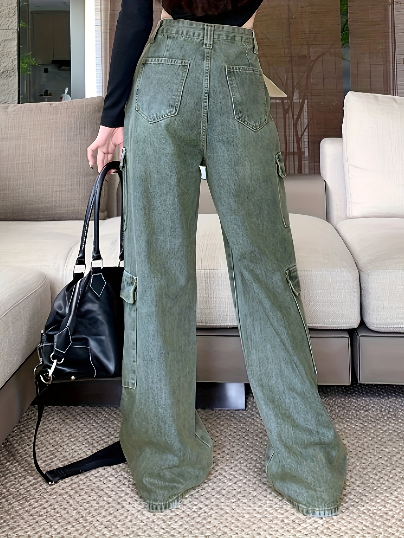 Women Loose Baggy Jeans Pants Vintage Cargo Pockets Denim Trousers  Streetwear