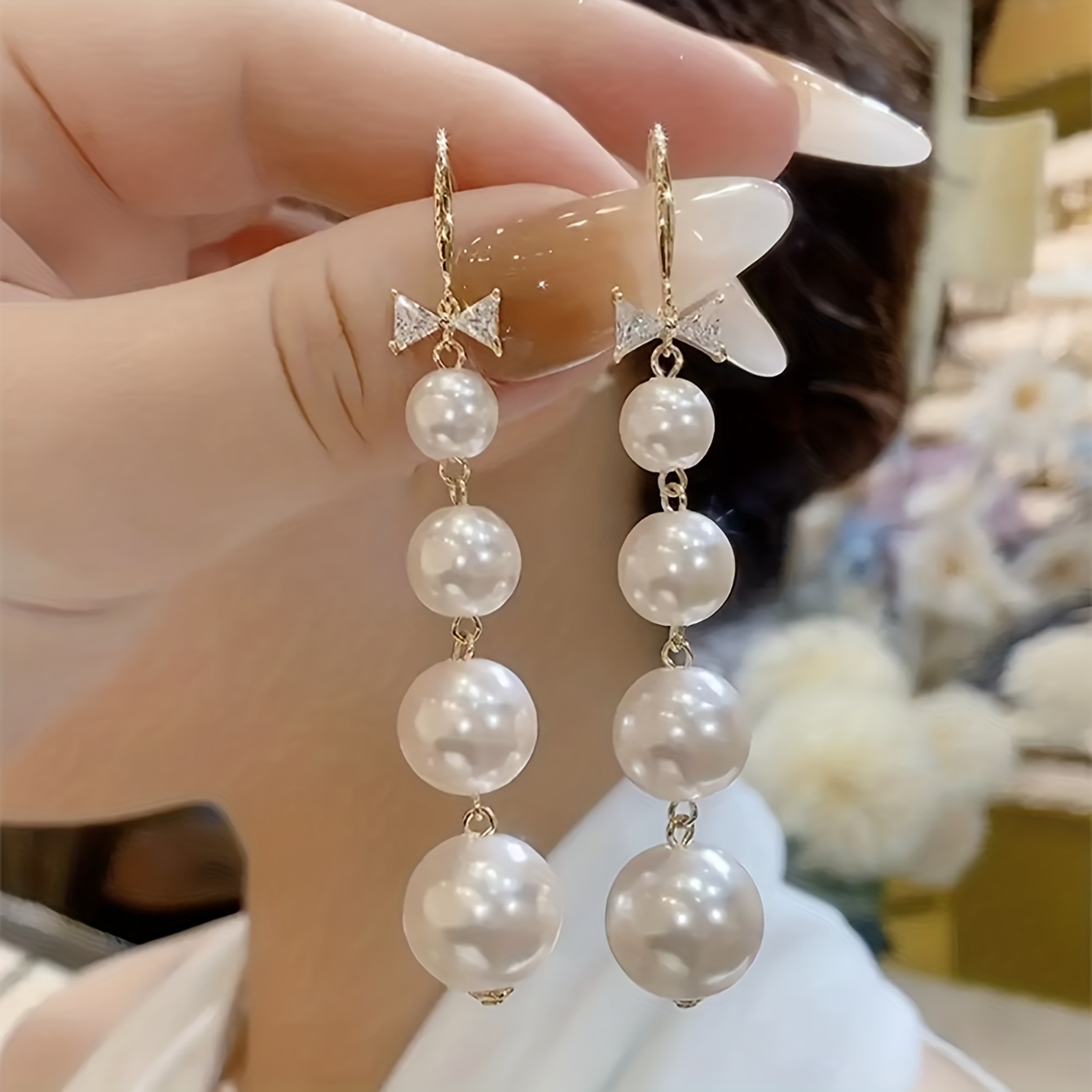 

Faux Pearl Chain Design Dangle Earrings Elegant Simple Style Zinc Alloy Jewelry Trendy Holiday Ear Ornaments