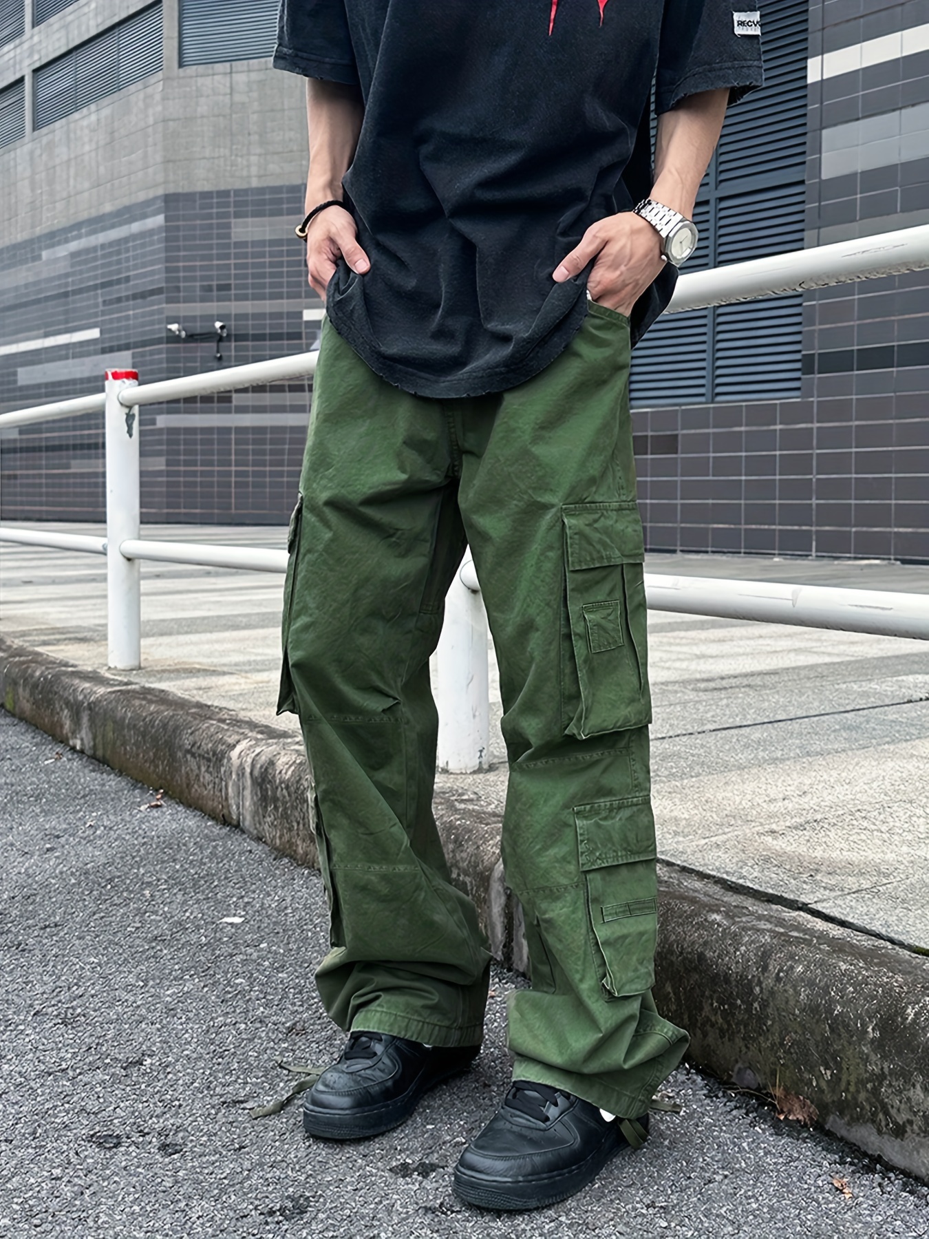 Wide Leg Pocket Solid Long Trousers, Men's Street Slight Stretch Loose Weekend Casual Large Trendy Cargo Pants