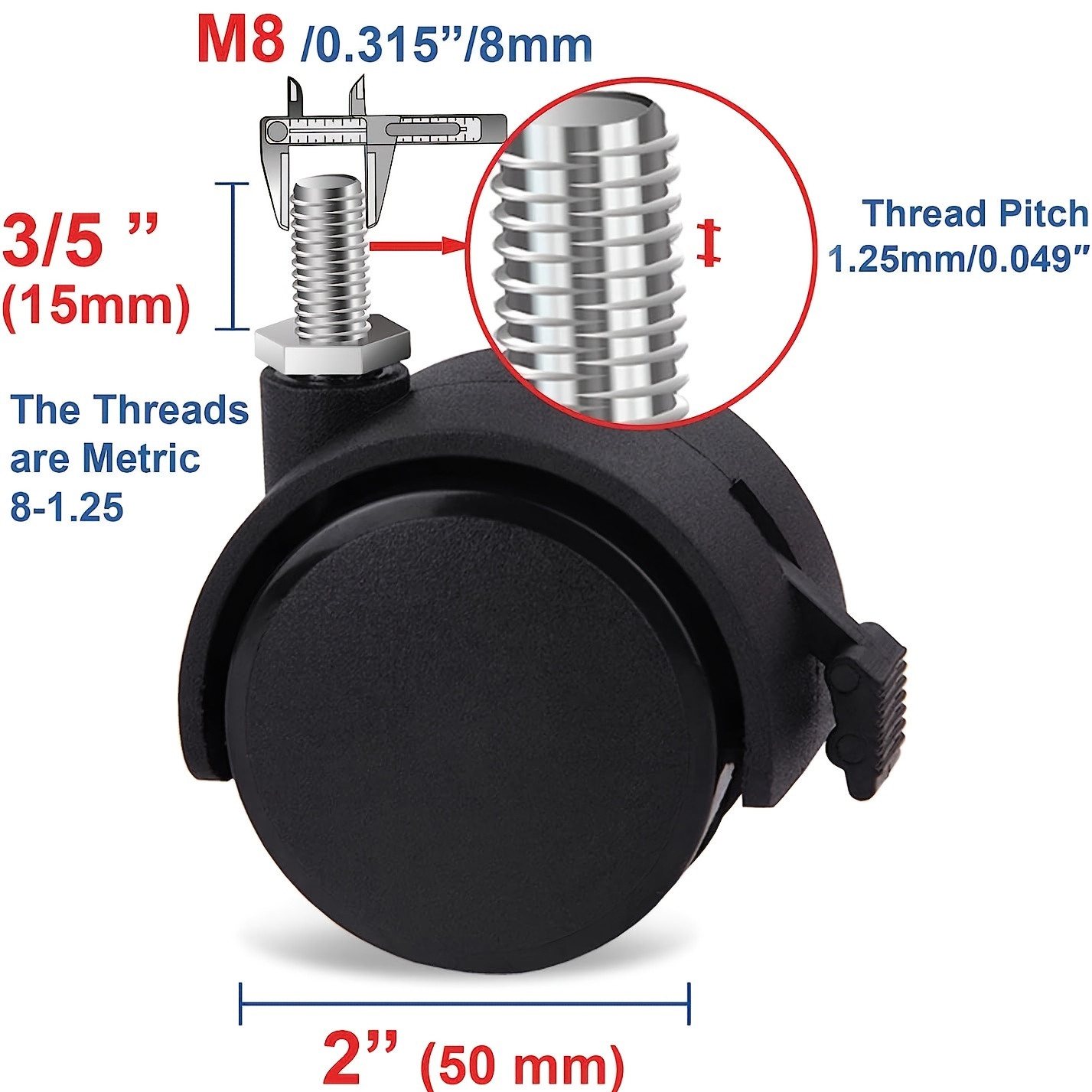 4 Pack Meubles Roues pivotantes - M6 X 15mm avec filetage 25mm - Caoutchouc  souple - Tpe Thread - Mini roulettes de meubles (25mm)