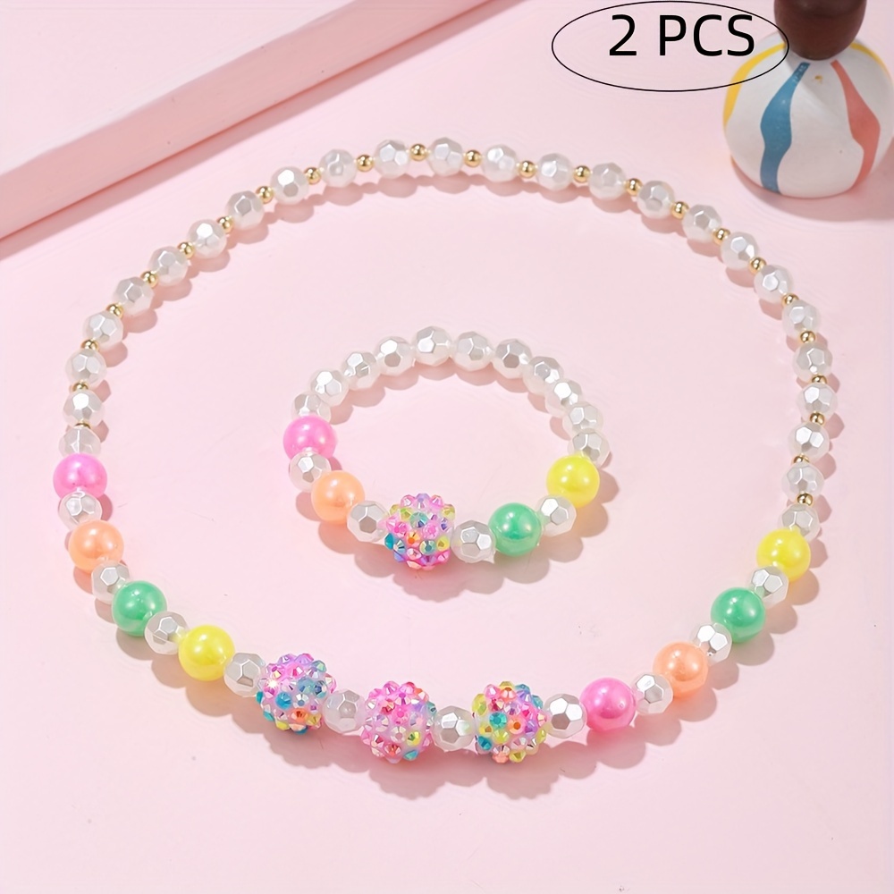 Image of 2pcs Colorful Acrylic Bead Elastic Bracelet Necklace Set Holiday Gift Set Gift For Daughter Gift For Granddaughter Gift For Party Gift