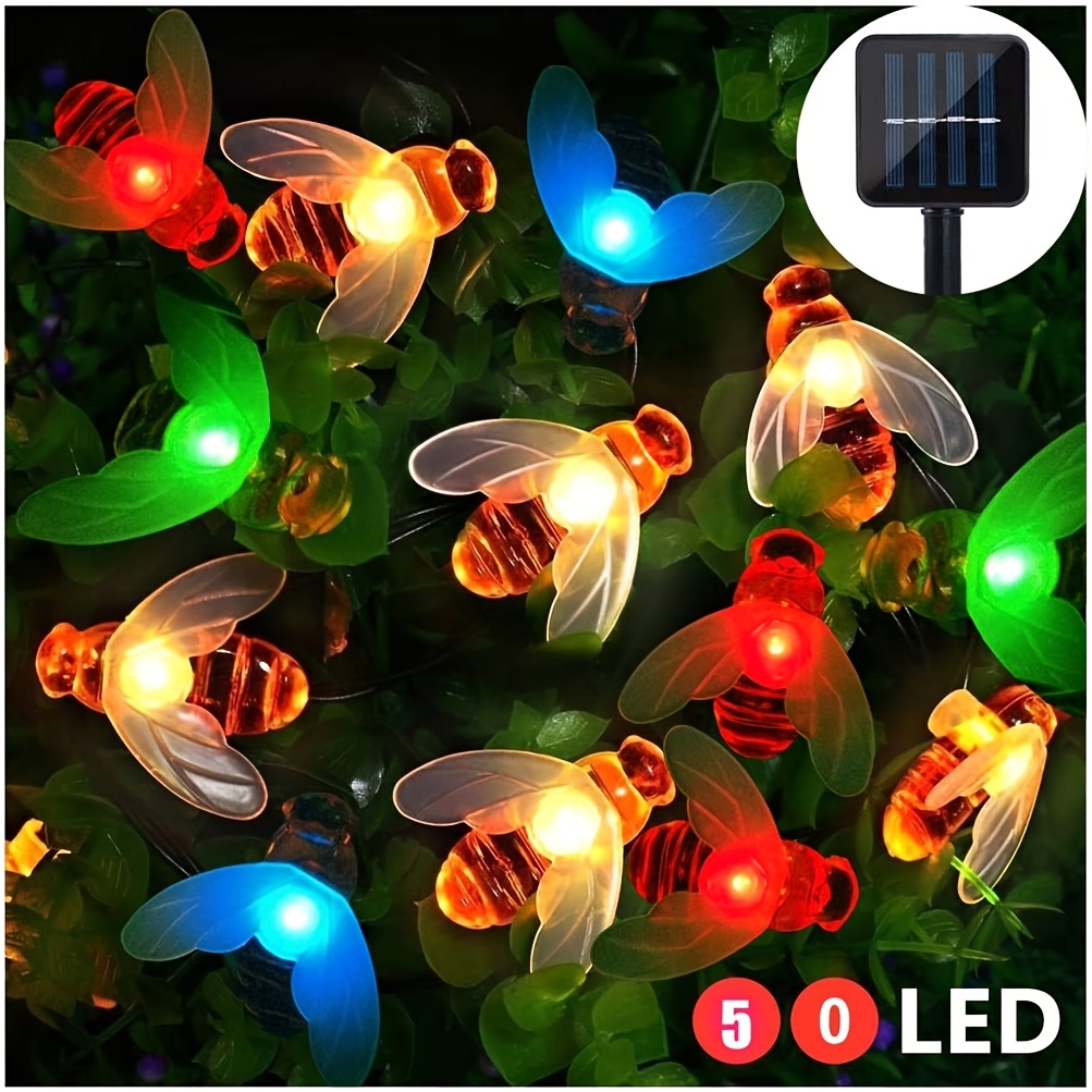 1pc 20 50LED Solar Garden Lights Honey Bee Fairy String Lights 7M 24Ft 8 Mode Waterproof Outdoor Indoor Gargen Lighting For Flower Fence Lawn Patio Festoon Summer Party Christmas Holiday