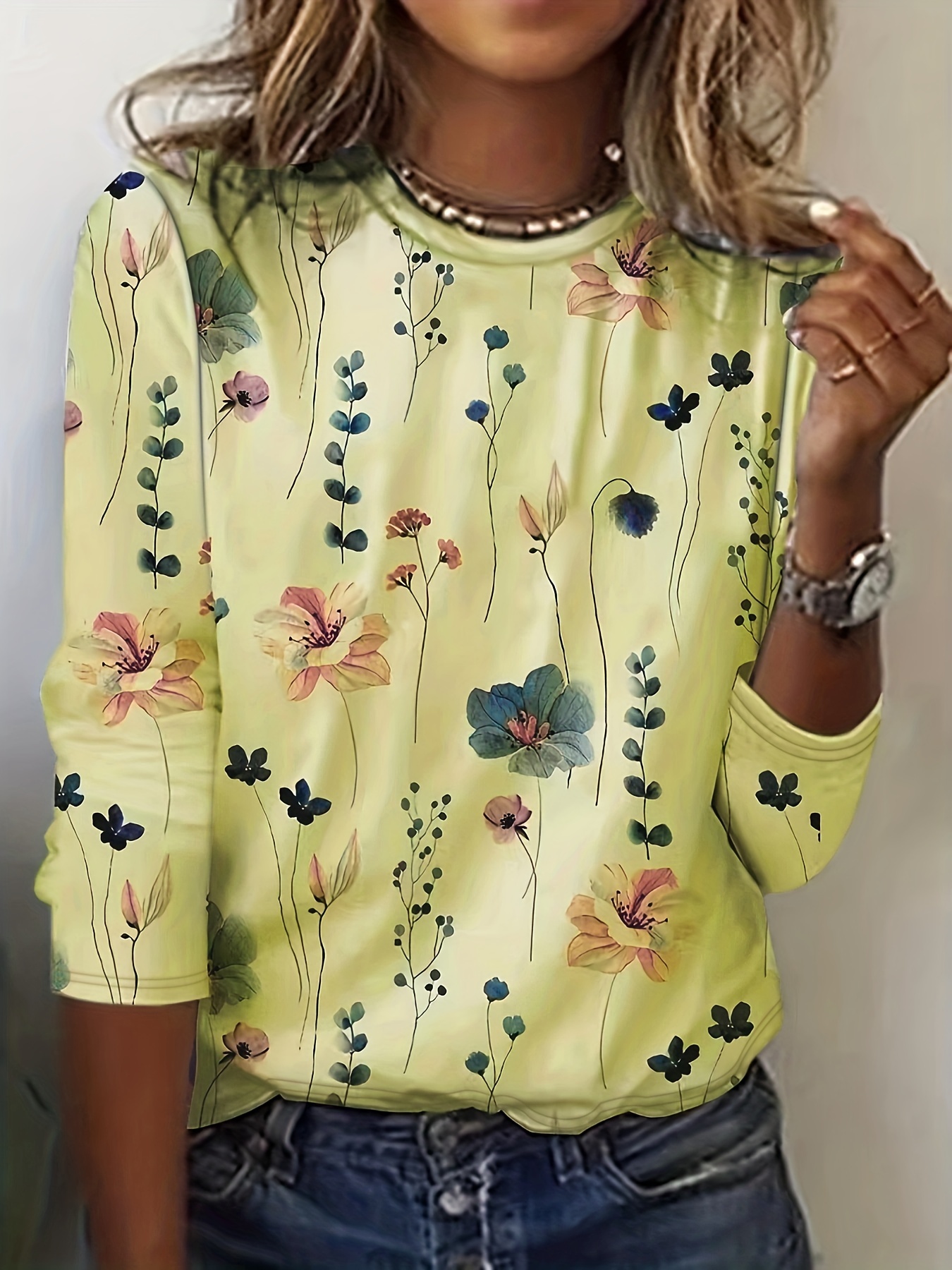 Camiseta de gola redonda com estampa floral, camiseta casual de manga comprida para primavera e outono, roupas femininas