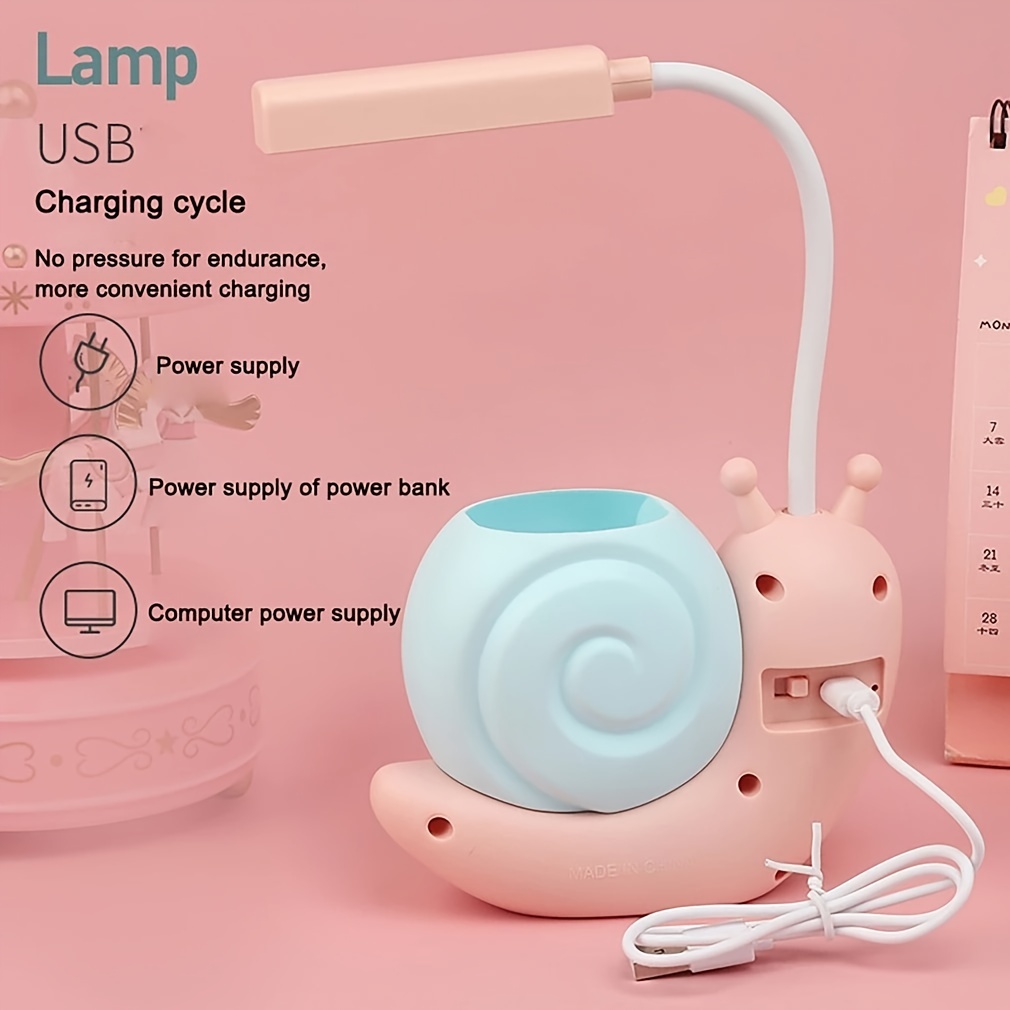 1pc Cute Snail Desk Lamp USB Charging Pen Holder Lamp Kid LED Night Light Reading Lamp With Pen Organizer Table Light