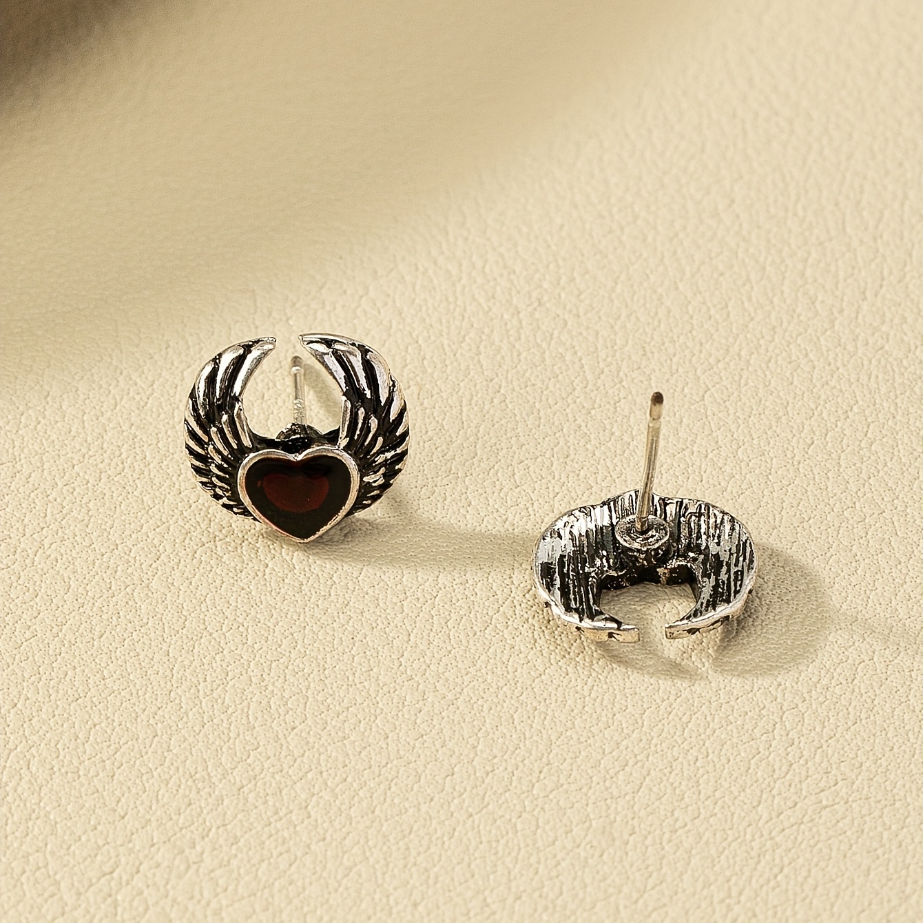Gothic Enamel Red Heart Wings Stud Earrings