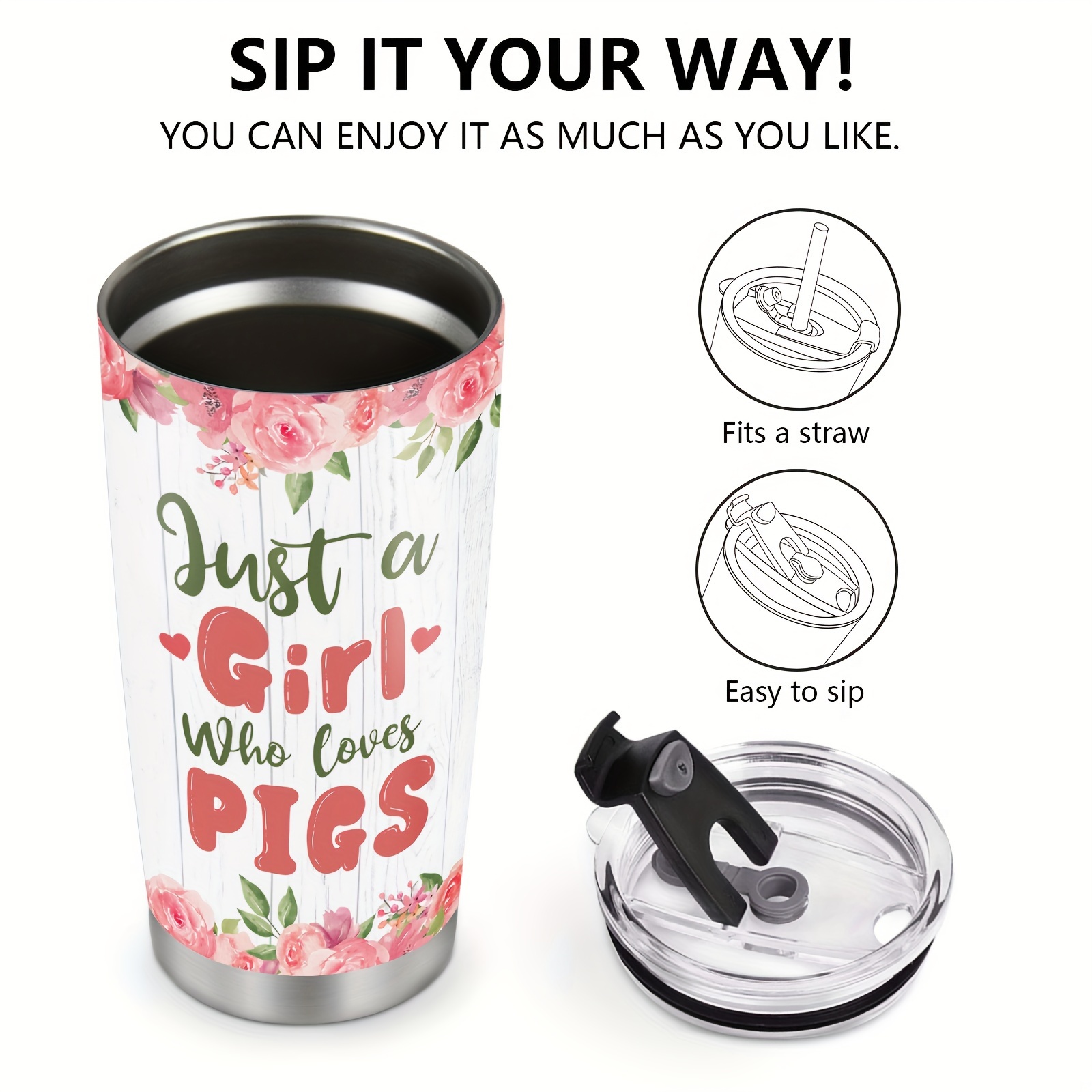 Pig Tumbler with Lid and Straw- Cute Pig Gifts for Pig Lovers