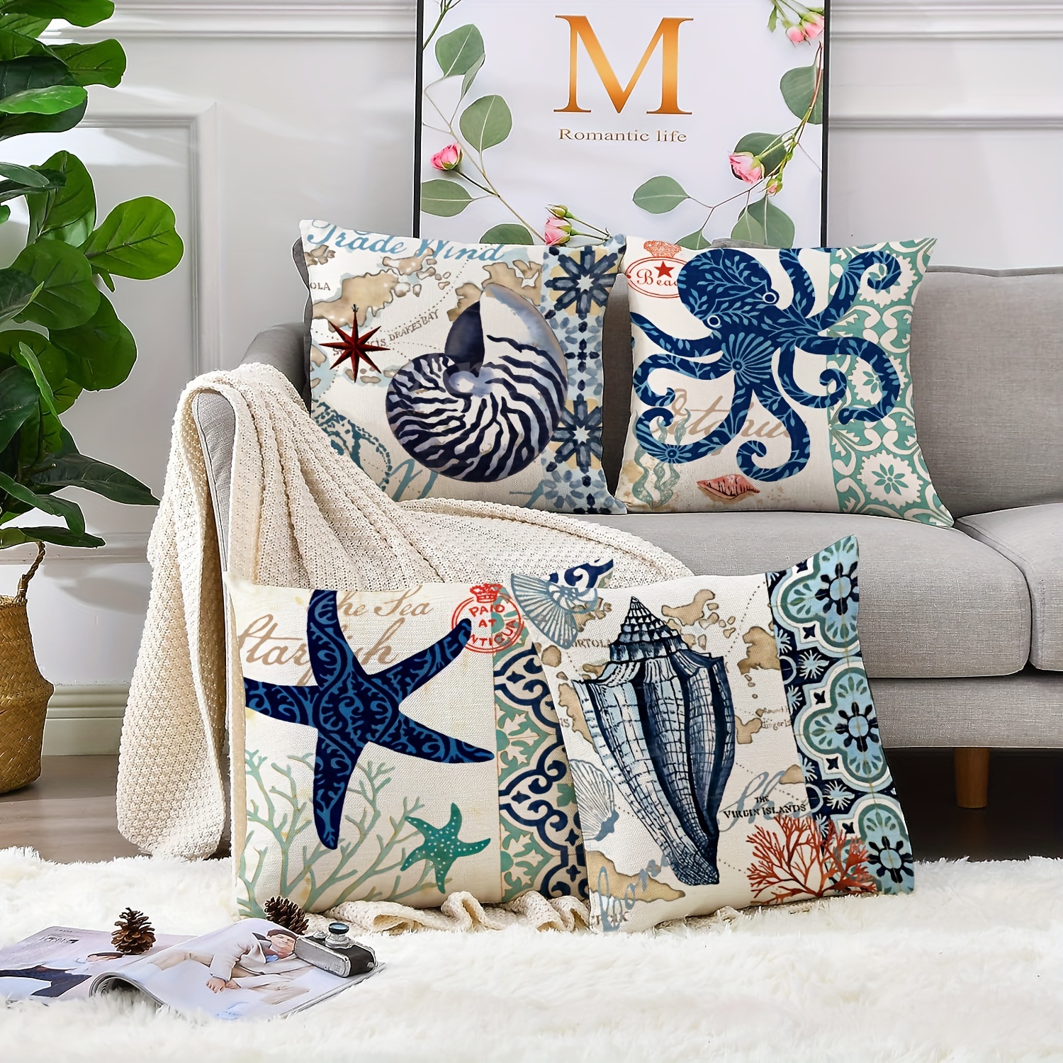 Marine Life Cushion Covers Vintage Polyester Linen Starfish Shell