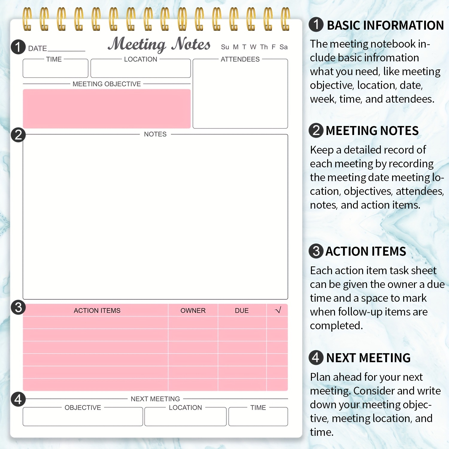 2 Pack Meeting Notebooks for Work, Spiral-Bound Daily Planner for