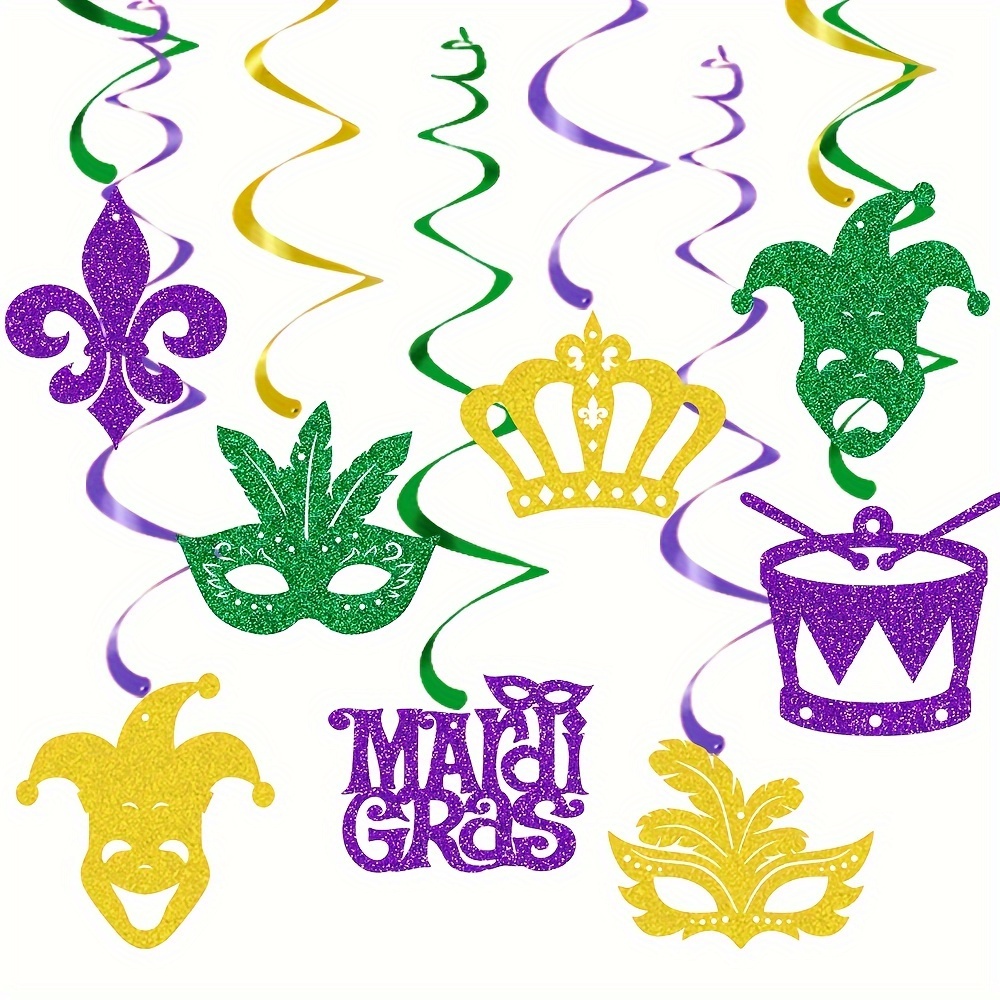 Mardi Gras Hanging Decorations - Mardi Gras Garland Crown Mask Sign for  Masquerade Party Decorations Gold Green Purple Foil Swirl New Orleans