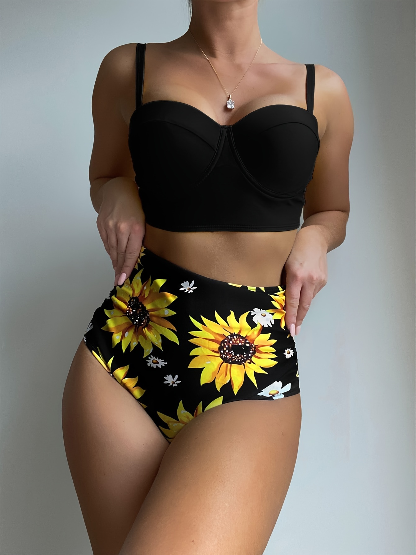 Sunflower Print Hanky Hem High Waisted Bikini Swimsuit