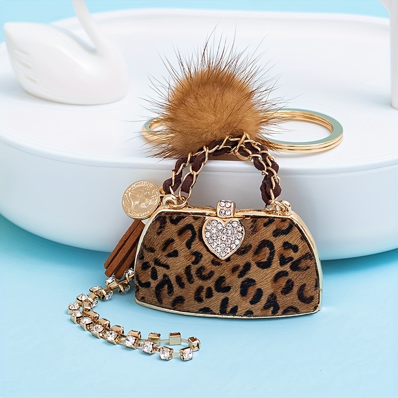 Mini Leopard Bag & Pom Pom Bracelet Keychain Cute Rhinestone Key Ring Purse  Bag Backpack Car Charm Earphone Accessory - Temu