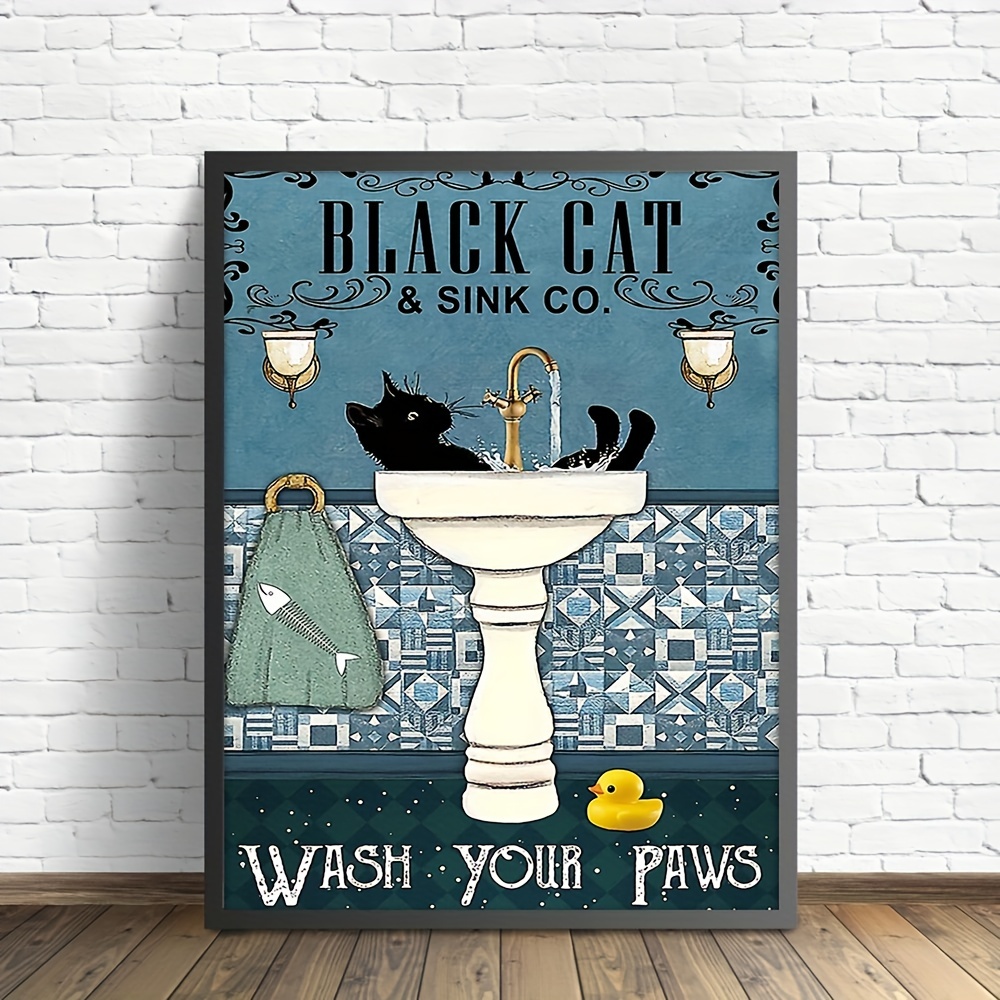 Black Cat and Sink CO Wash Your Paws Poster, Bathroom Decor, Wall Art Decor,  Black Cat Poster, Funny Bathroom Poster No Frame Canvas 