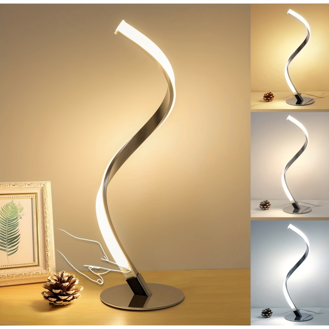 Modern Spiral Table Lamp, 3 Colors Touch Control Desk Lamp For Bedroom  Living Room Office, 2700k - 6500k Warm Nature Cold White Light, Silver  Bedside Nightstand Lamp, Aluminum Alloy Curved Art Lamp 