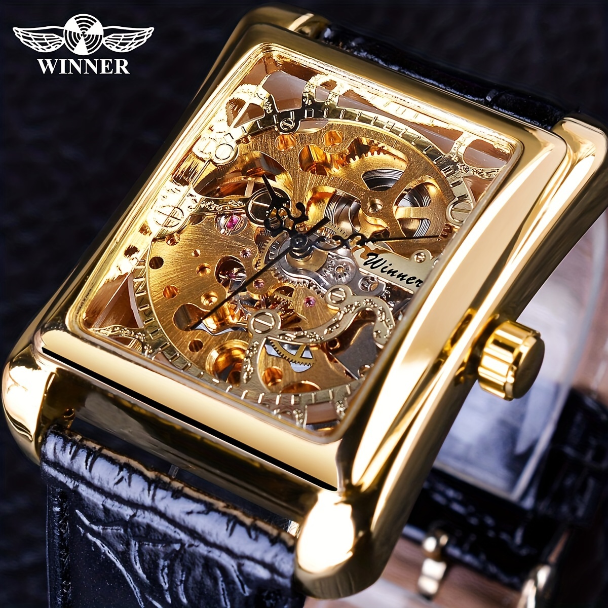 

T-winner Luxury Men's Mechanical Watch - Retro With Golden Hollow Skeleton Design, Rectangle Dial, Leather Strap, Retro, Skeleton Watch, Luxury, Mechanical