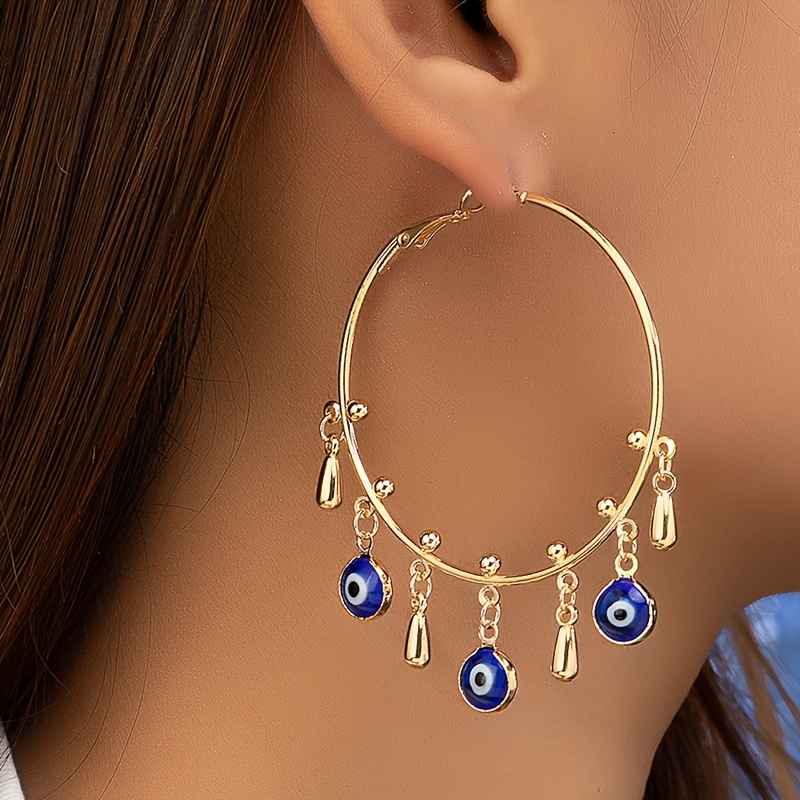 

Exaggerated Hollow Circle Hoop Earrings With Blue Eye Pendant Alloy Jewelry Vintage Punk Style Personality Ear Decor