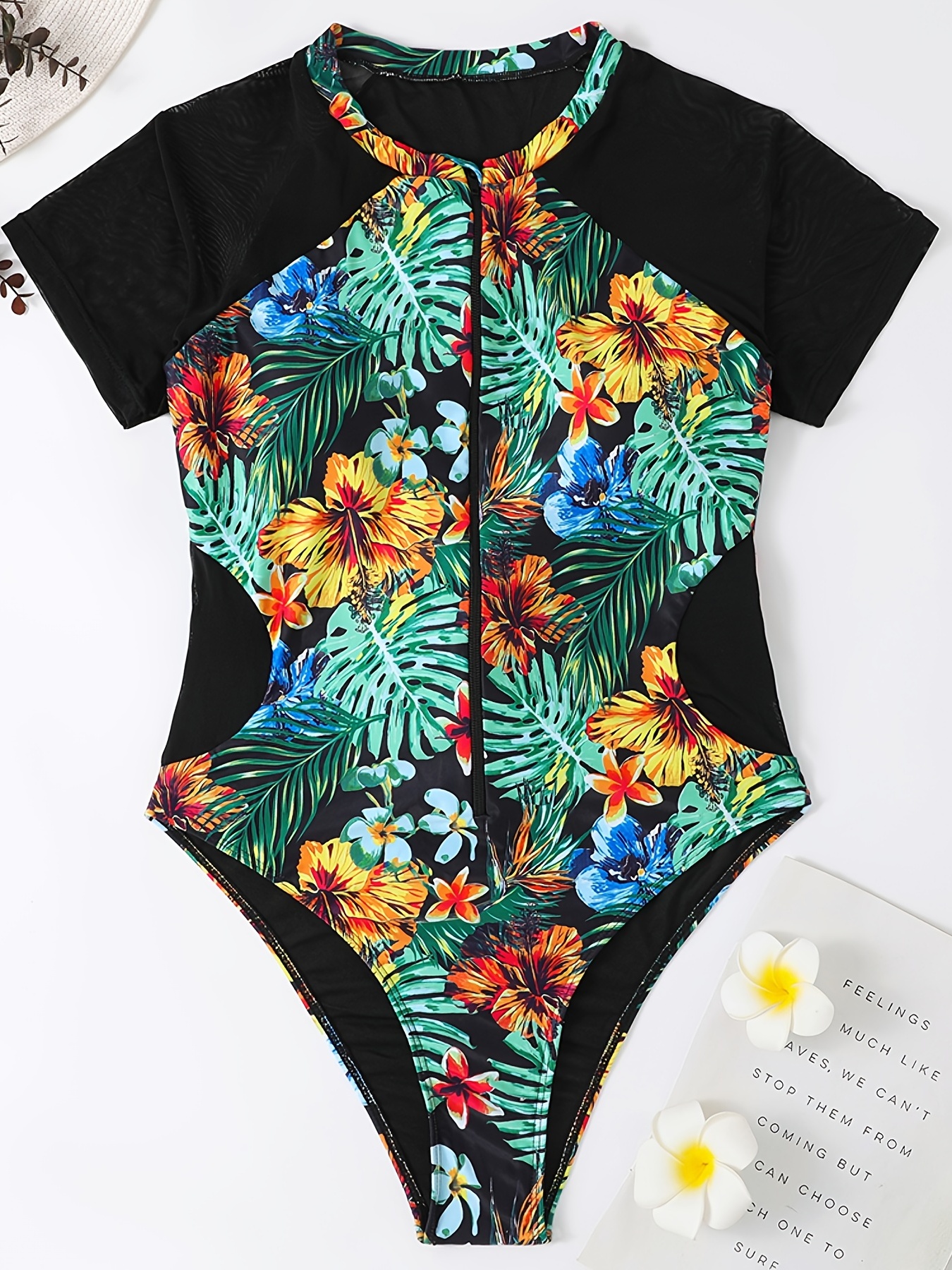Floral Print Colorblock Swimsuit High Neck Short - Temu