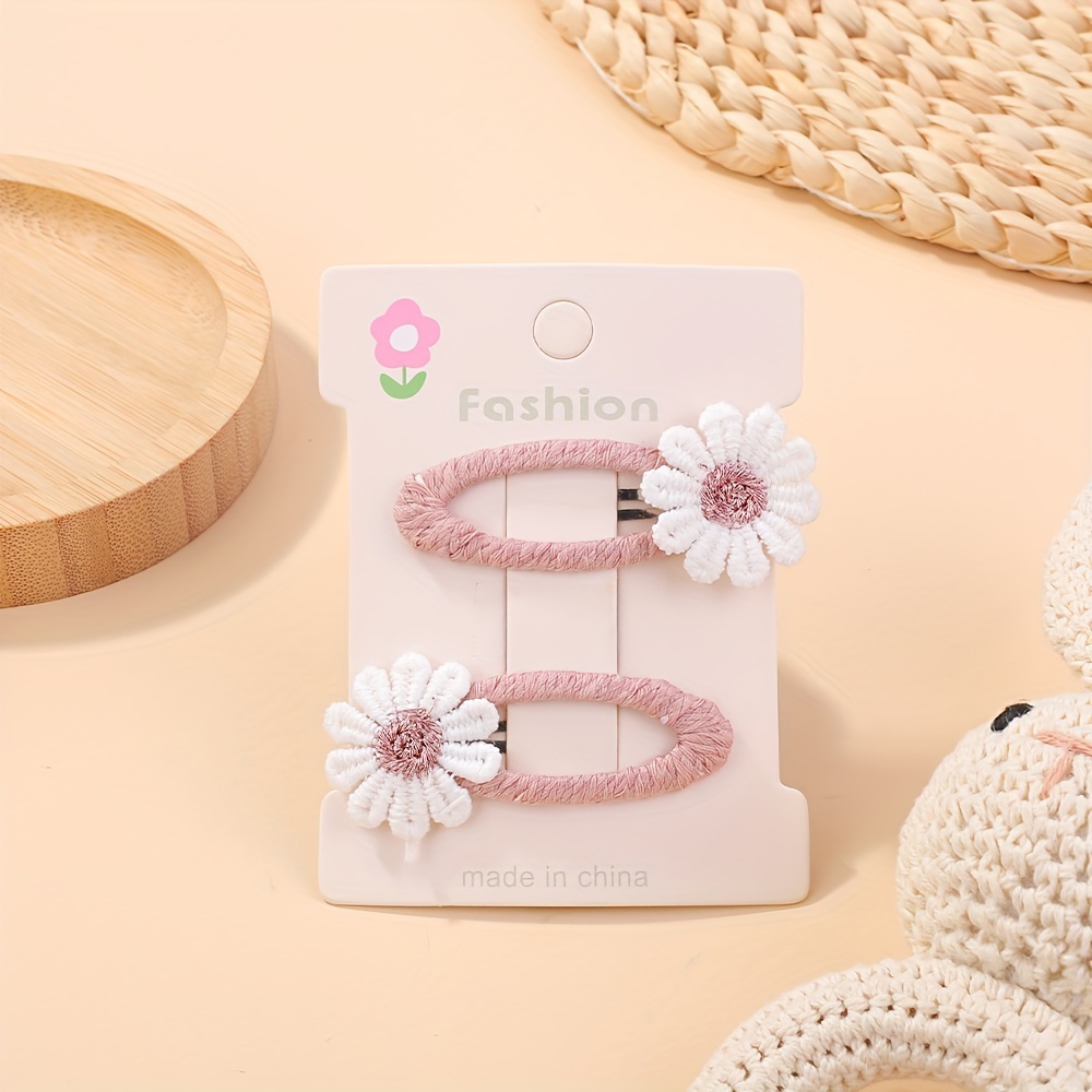 Image of 2pcs Darbiny Adorable Daisy Hair Clips For Girls - Fresh & Cute Fabric Handmade Bangs Accessories With Bow, Perfect For School, Polyester & Iron, Hair Accessories For Girls