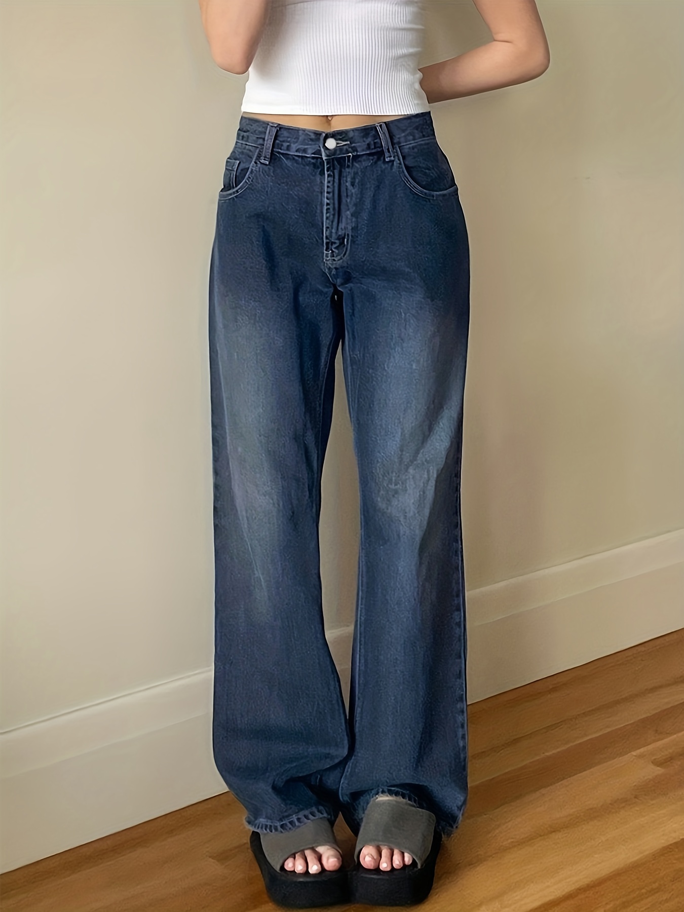 Letter Decor Vintage Washed Low Waist Y2k Baggy Jeans Loose - Temu Canada