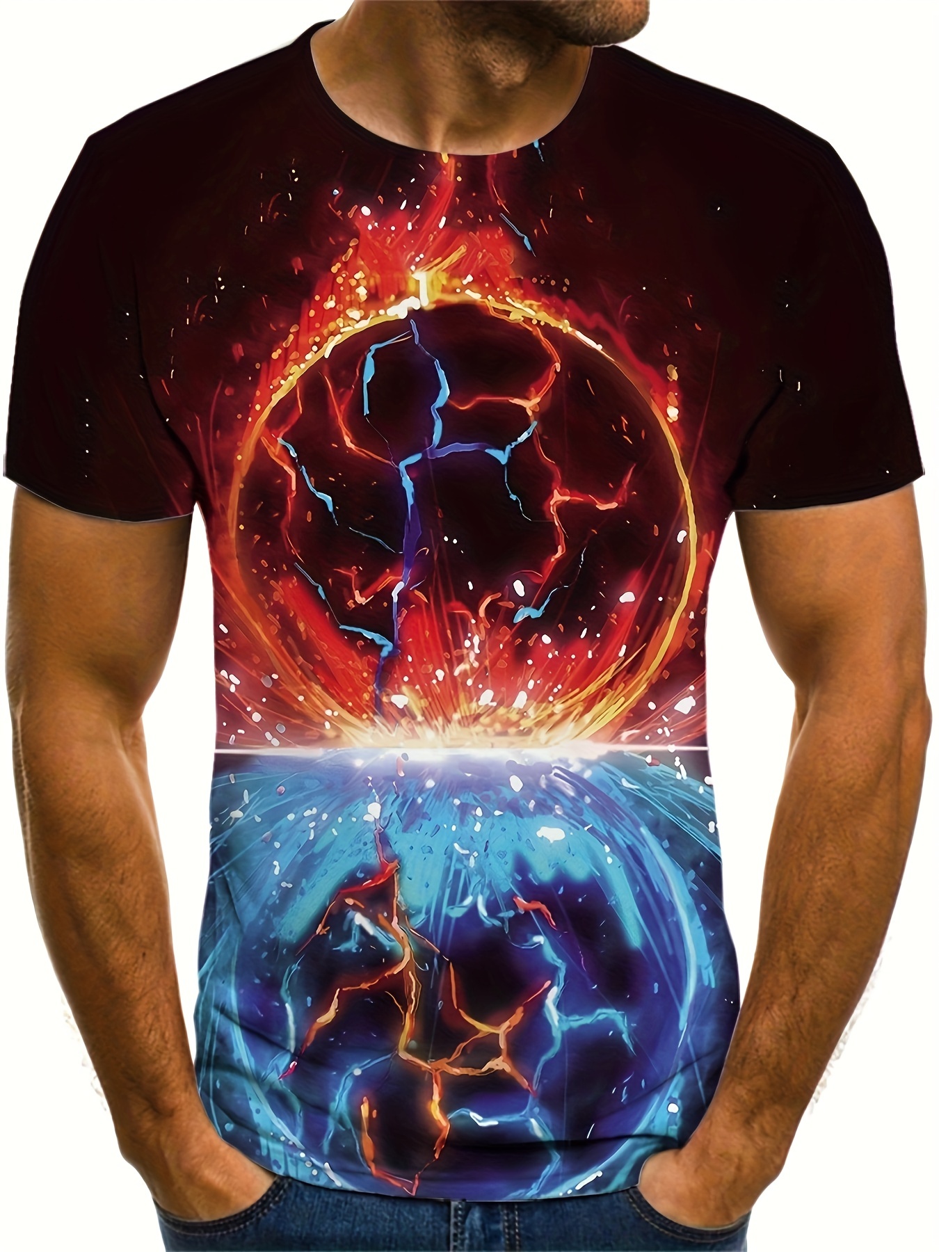 3d Broken Planet Print Men's Color Block T-shirt For Summer