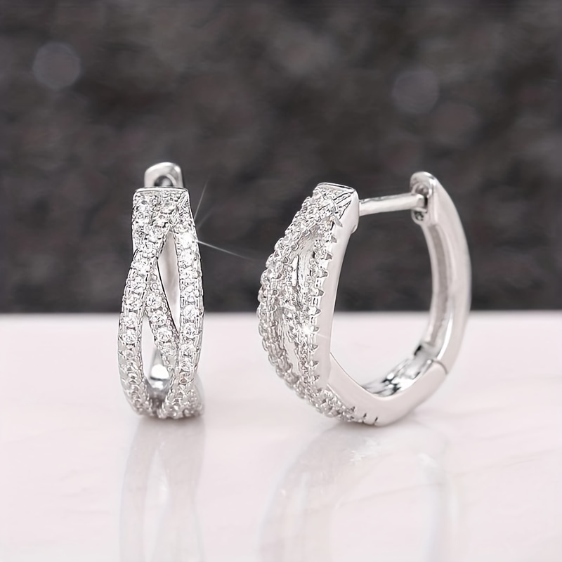 Image of Hoop Earrings With Shiny Synthetic Zirconia Decor Elegant Minimalist Style Jewelry Female
