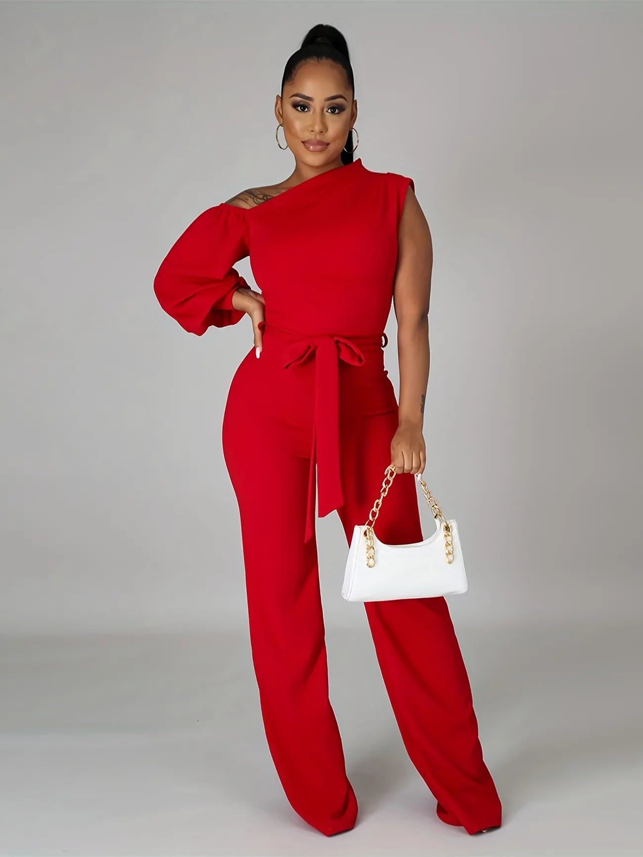 Solid One Shoulder Jumpsuit Casual Long Sleeve Long Length Jumpsuit Womens Clothing - Women's Clothing Temu