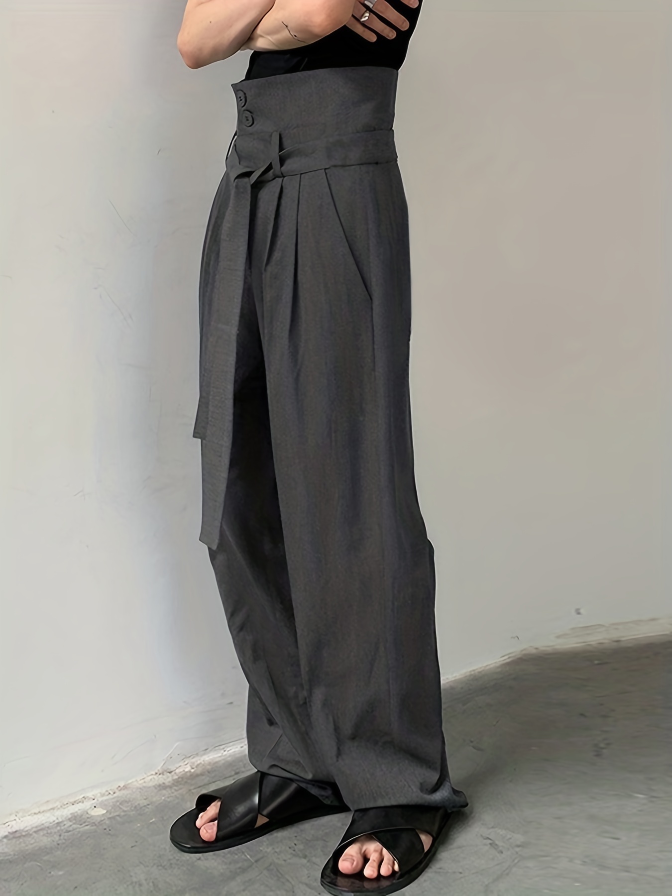 Mens High-waisted Trousers Belted Pants Party Business Casual